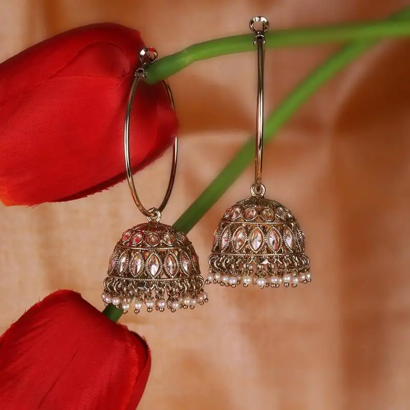 Brown stone and pearl antique gold plated brass jhumki earring for women and girls