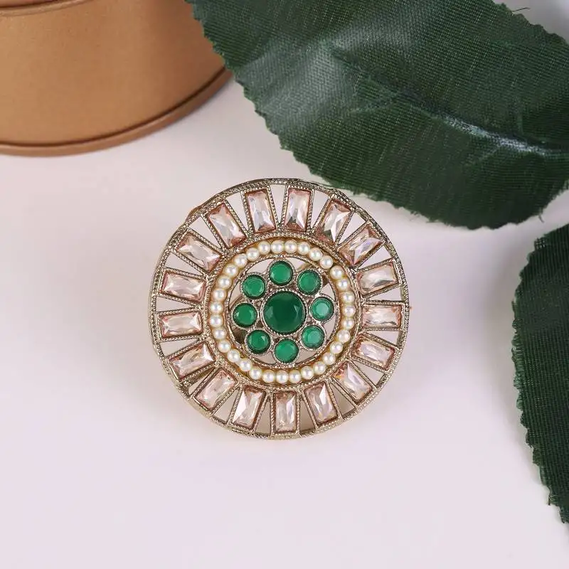 Round design green and grey stone antique gold plated brass adjustable finger ring for women and girls