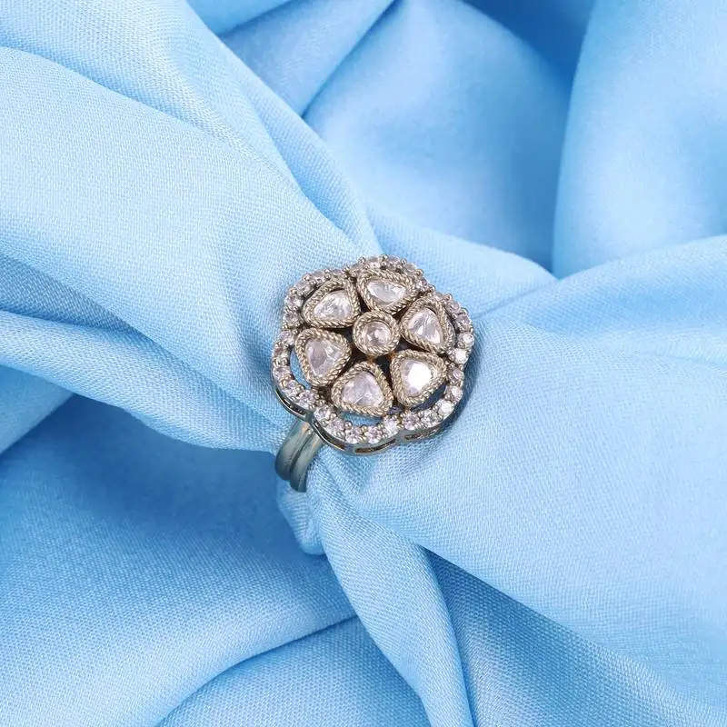 Flower design white stone antique gold plated brass adjustable finger ring for women and girls