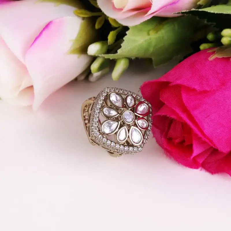 Squire shape white stone antique gold plated brass adjustable finger ring for women and girls