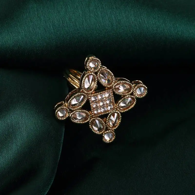 Triangle design white stone antique gold plated brass adjustable finger ring for women and girls