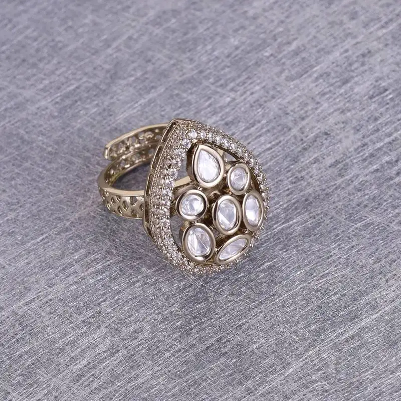 Oval shape white stone antique gold plated brass adjustable finger ring for women and girls