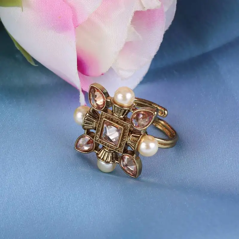 Flower half- white moti and grey stone antique gold plated brass adjustable finger ring for women and girls