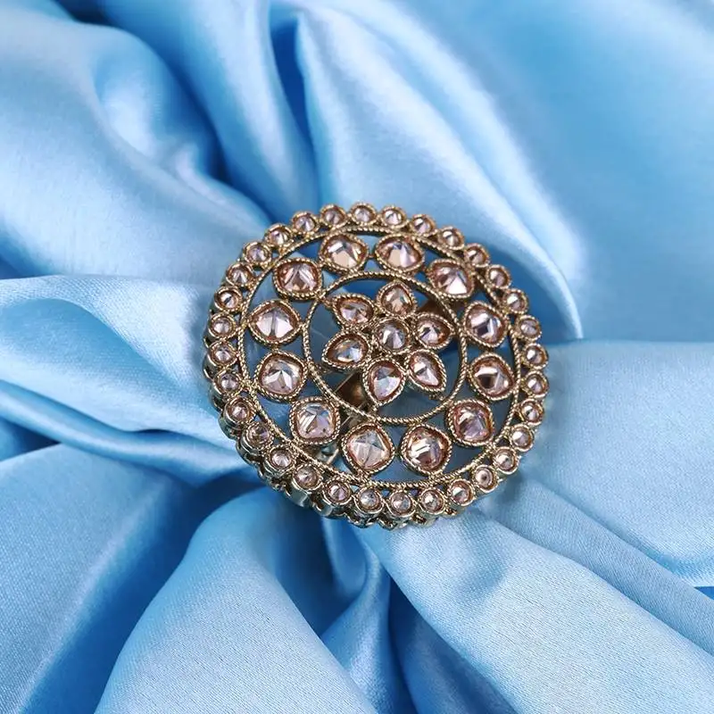 Round and flower design antique gold plated brass adjustable finger ring for women and girls