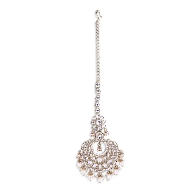 Traditional flower shape and pearl silver gold plated maang tikka for women and girls