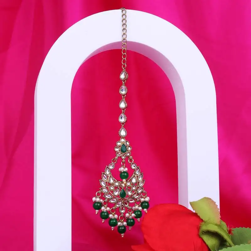 Traditional chandiler and flower shape silver gold plated brass maang tikka for women and girls