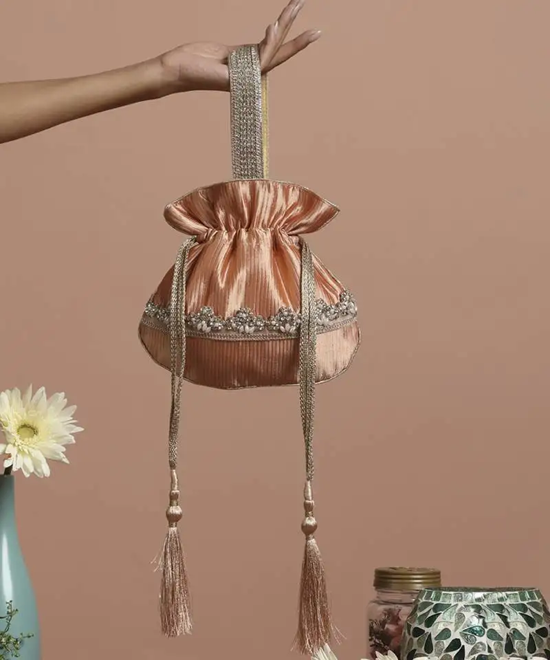 Peach pure silk potli bag