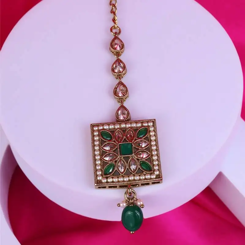 Traditional squire and flower shape silver gold plated brass maang tikka for women and girls