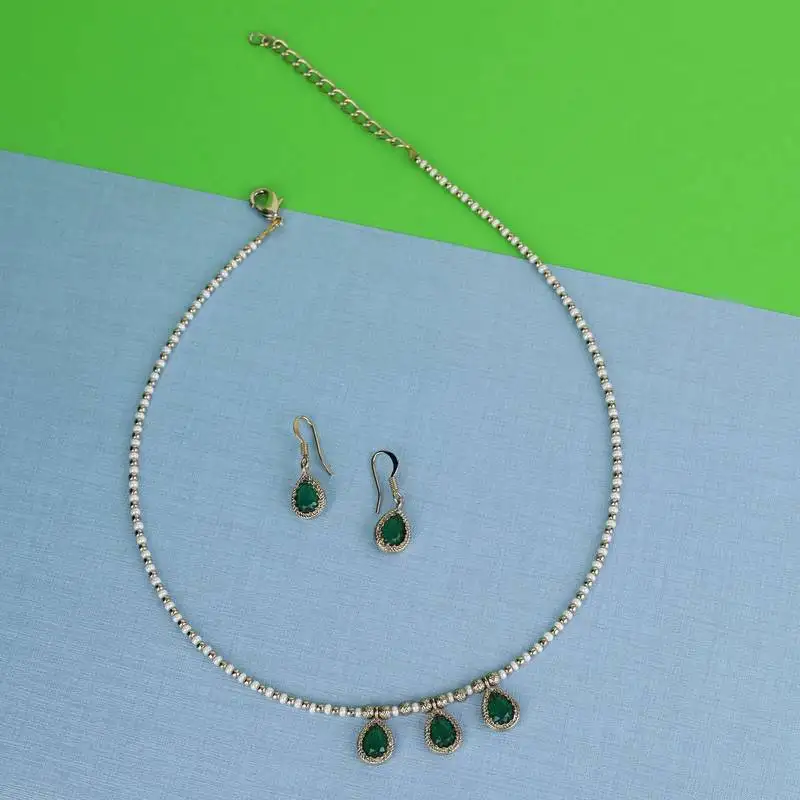 Charming oval shape green crystal gold plated matinee for women and girls