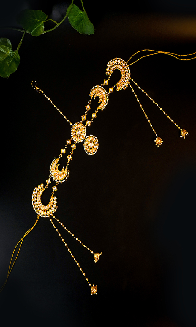 Crescent kundan matha patti with chand motifs