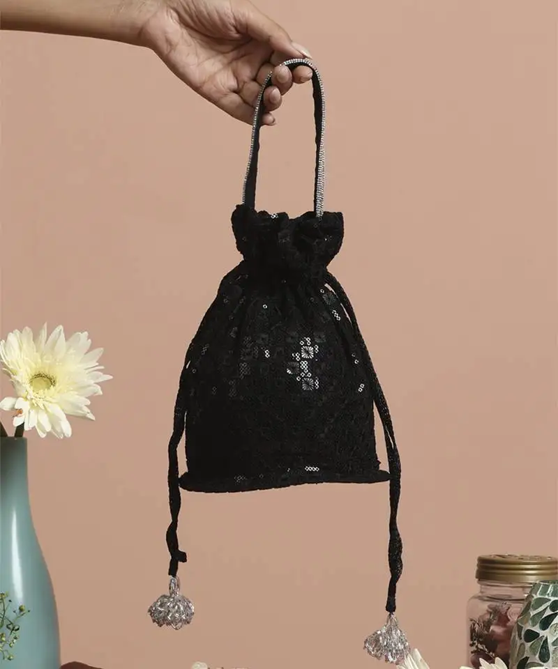 Black georgette embroidered potli bag