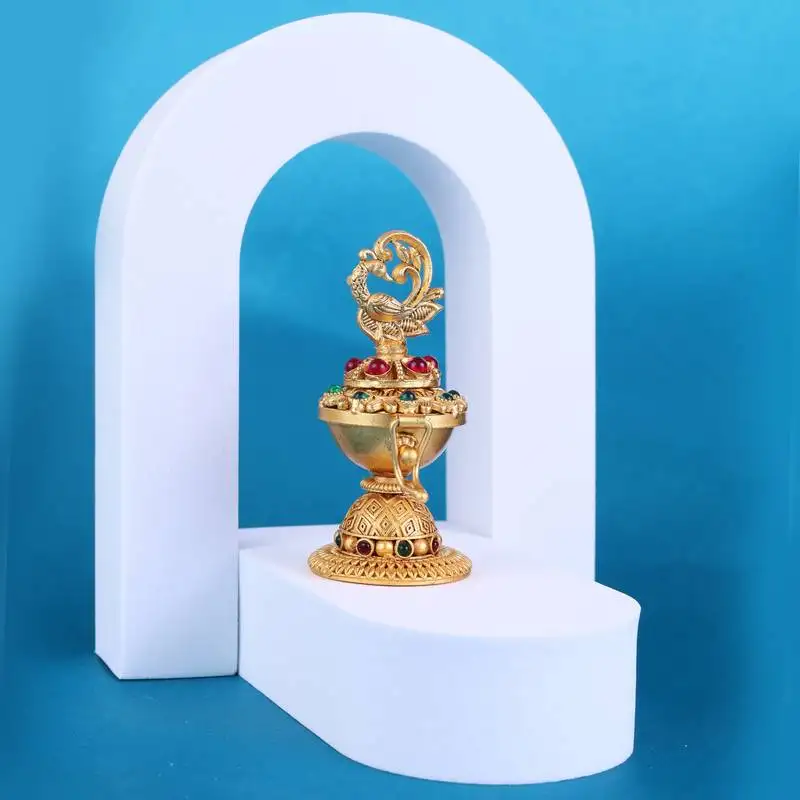 Traditional peacock design gold plated brass sindoor dani::Dibbi for women