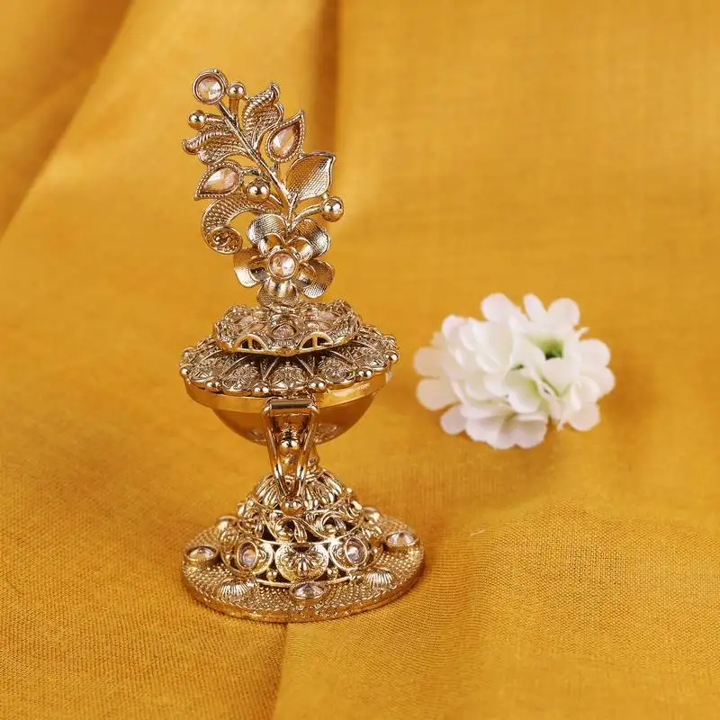 Traditional leaf and flower design antique gold plated brass sindoor dani::Dibbi for women