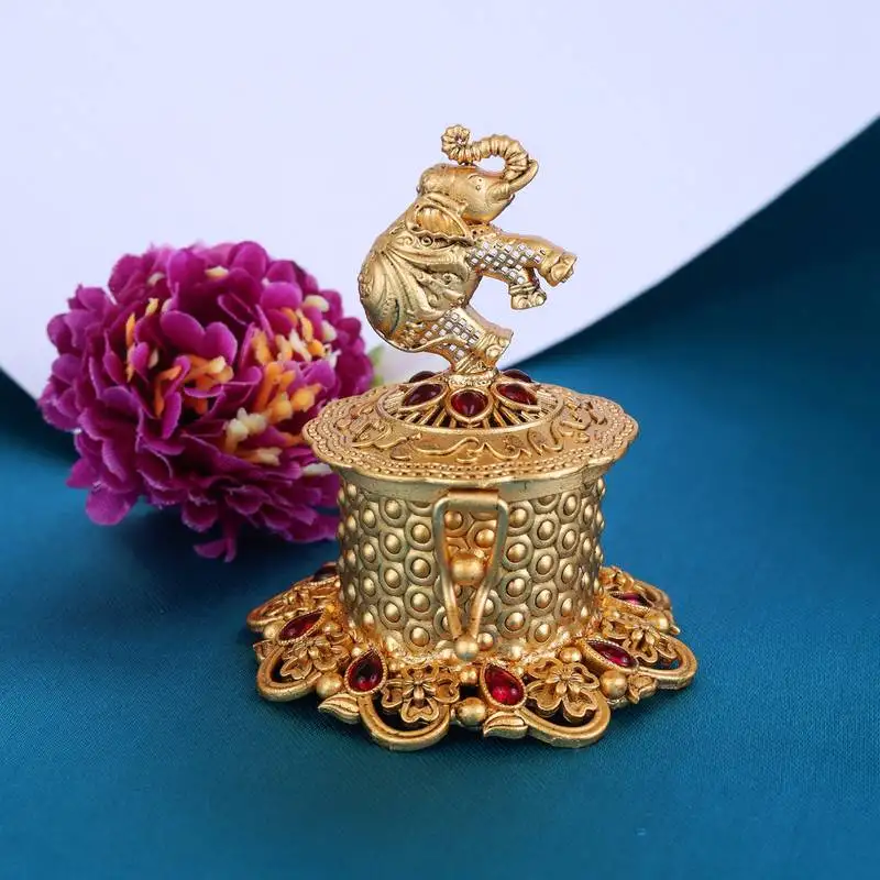 Traditional flower and elephant gold plated brass sindoor dani::Dibbi for women