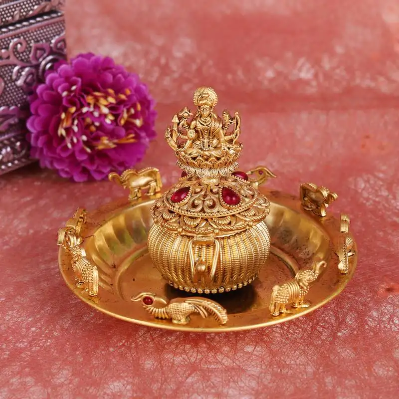Traditional laxmi and elephant gold plated brass sindoor dani::Dibbi for women