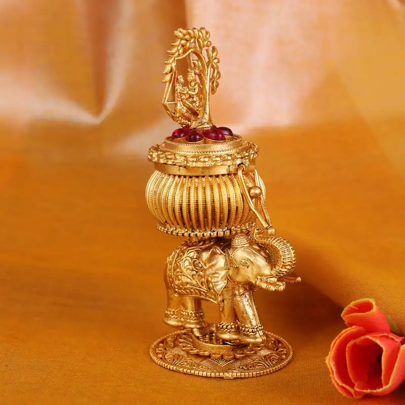 Traditional lord radhey krishana and elephant gold plated brass sindoor dani::Dibbi for women