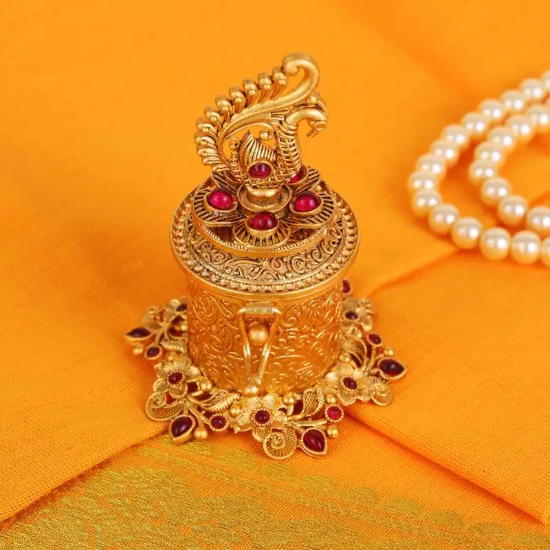 Traditional peacock and paisley gold plated brass sindoor dani::Dibbi for women