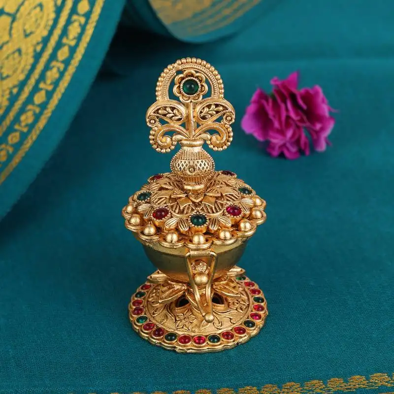 Traditional paisley kalasha(waterpot) gold plated brass sindoor dani::Dibbi for women