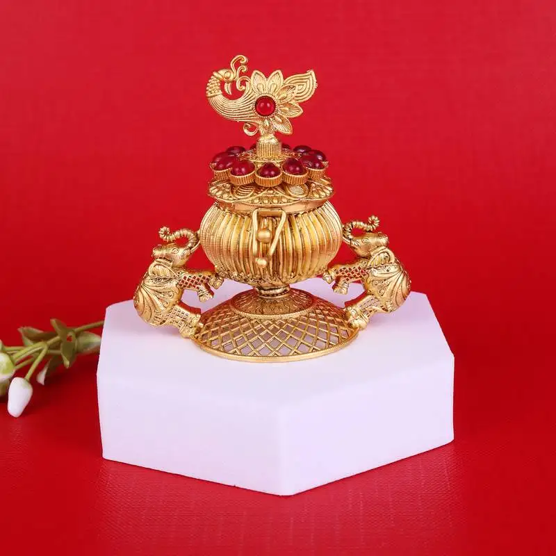 Traditional peacock and elephant gold plated brass sindoor dani::Dibbi for women