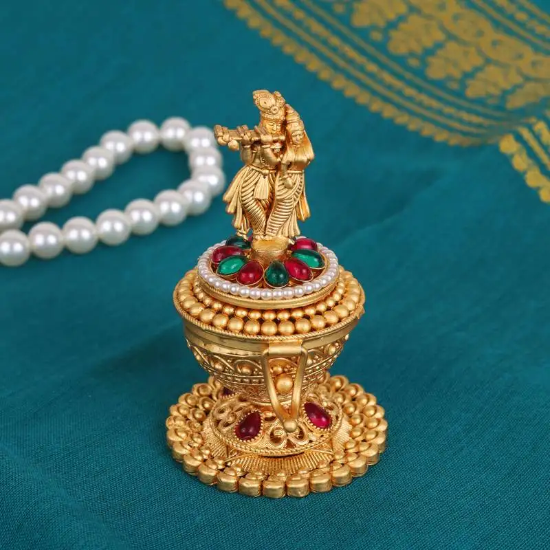 Traditional lord radhey krishana gold plated brass sindoor dani::Dibbi for women