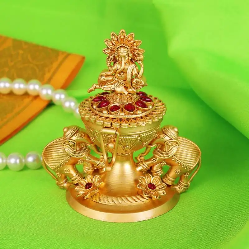 Traditional lord ganesha and elephant gold plated brass sindoor dani::Dibbi for women
