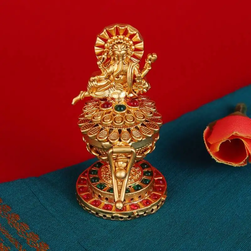 Traditional lord ganesha design gold plated brass sindoor dani::Dibbi for women