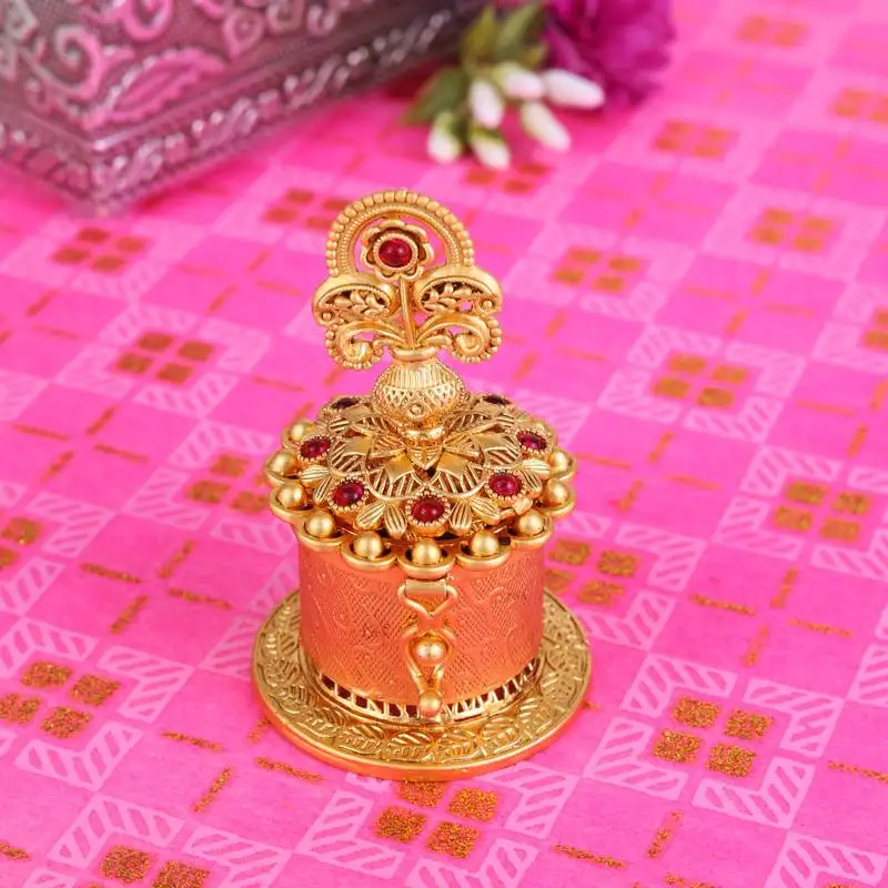 Traditional flower and kalasha(waterpot) design gold plated brass sindoor dani::Dibbi for women