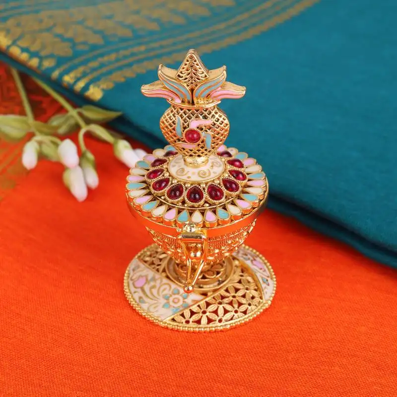 Traditional swastik and kalasha(waterpot) gold plated brass sindoor dani::Dibbi for women