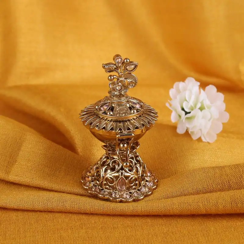 Traditional flower design antique gold plated brass sindoor dani::Dibbi for women