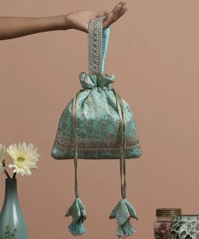Mint silk brocade potli bag