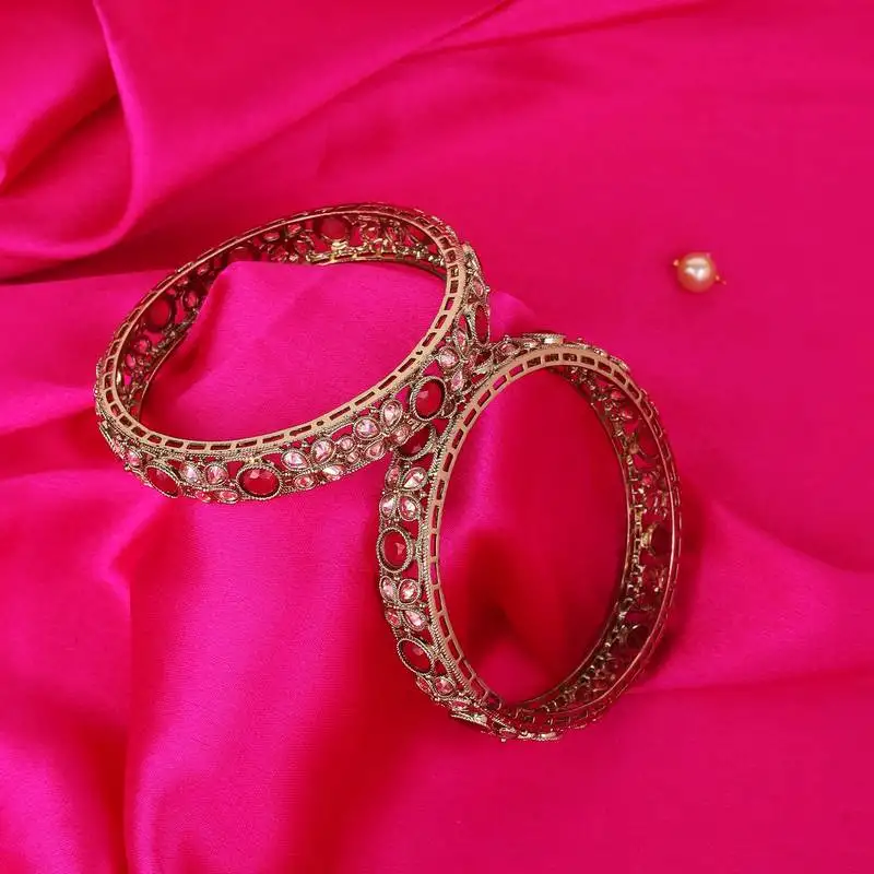 Graceful beads oval shape stone antique gold plated set of 2 bangles for women and girls