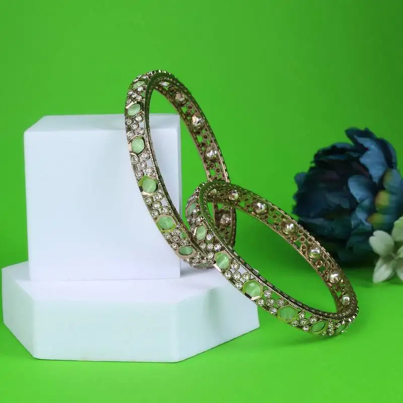 Luxurious green crystal antique gold plated set of 2 bangles for women and girls