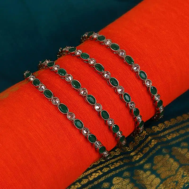 Incredible green crystal antique gold plated set of 4 bangles for women and girls