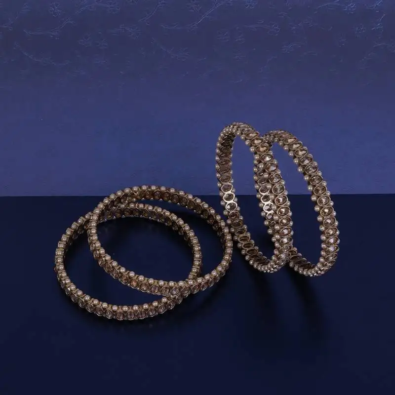 Creative pearl brown crystal antique gold plated set of 4 bangles for women and girls