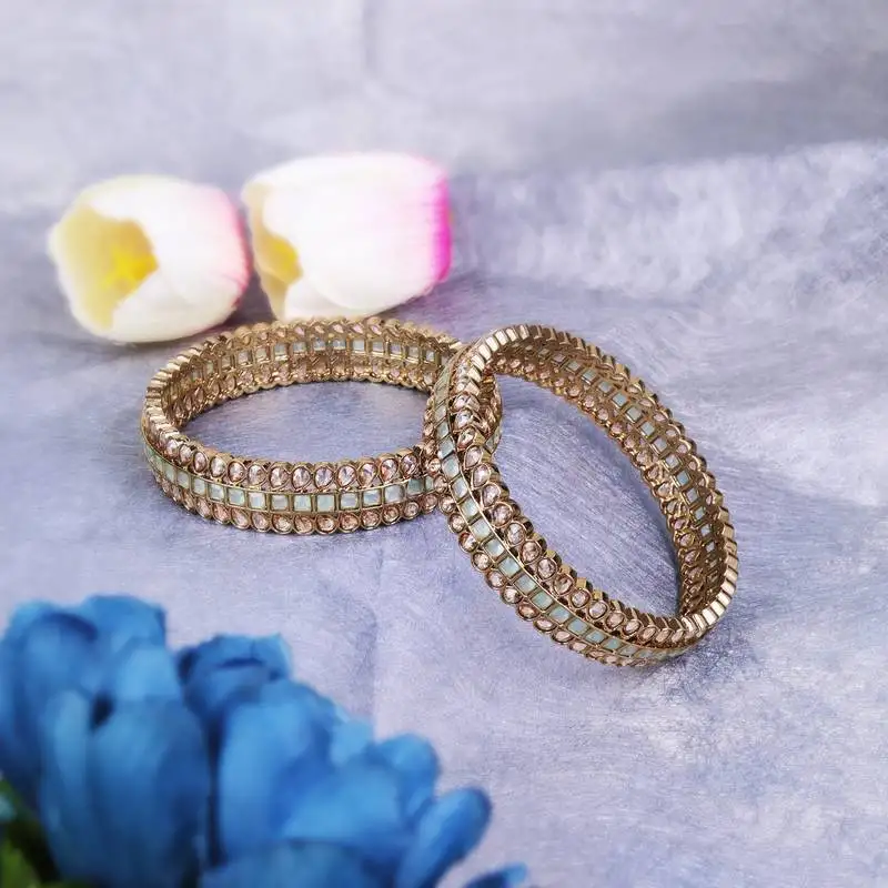 Glamorous oval shape stone antique gold plated set of 2 bangles for women and girls