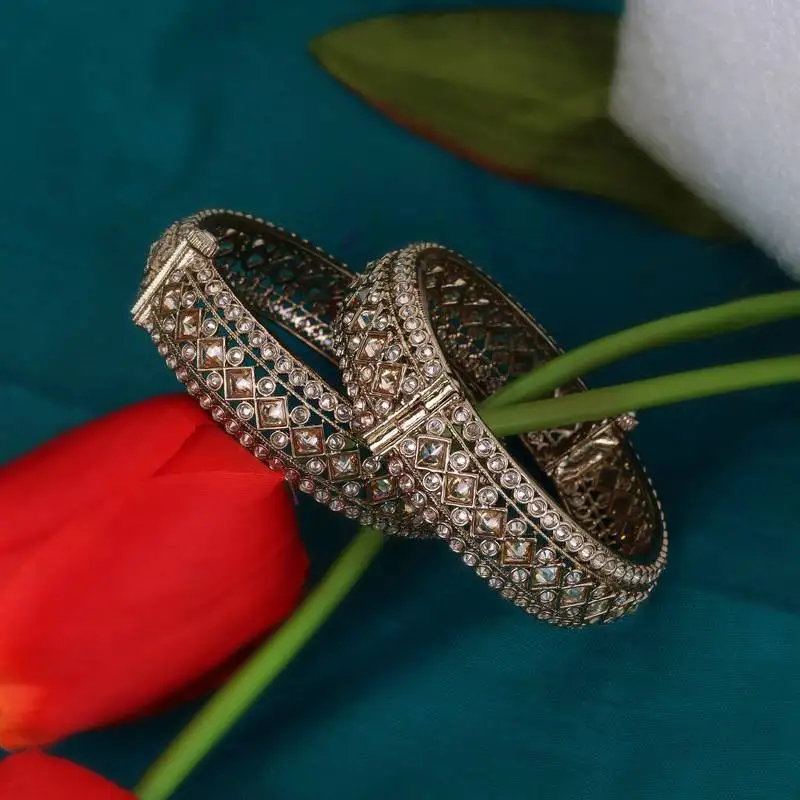 Incredible rectangle crystal antique gold plated set of 2 openable bangles for women and girls