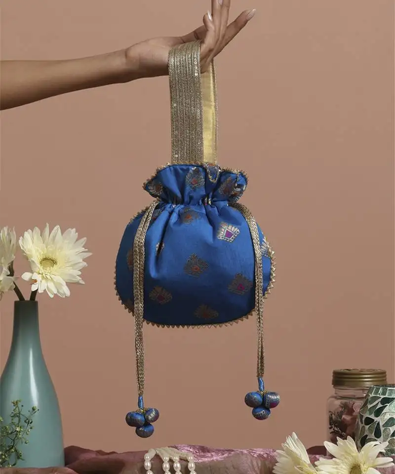 Blue and gold brocade potli bag