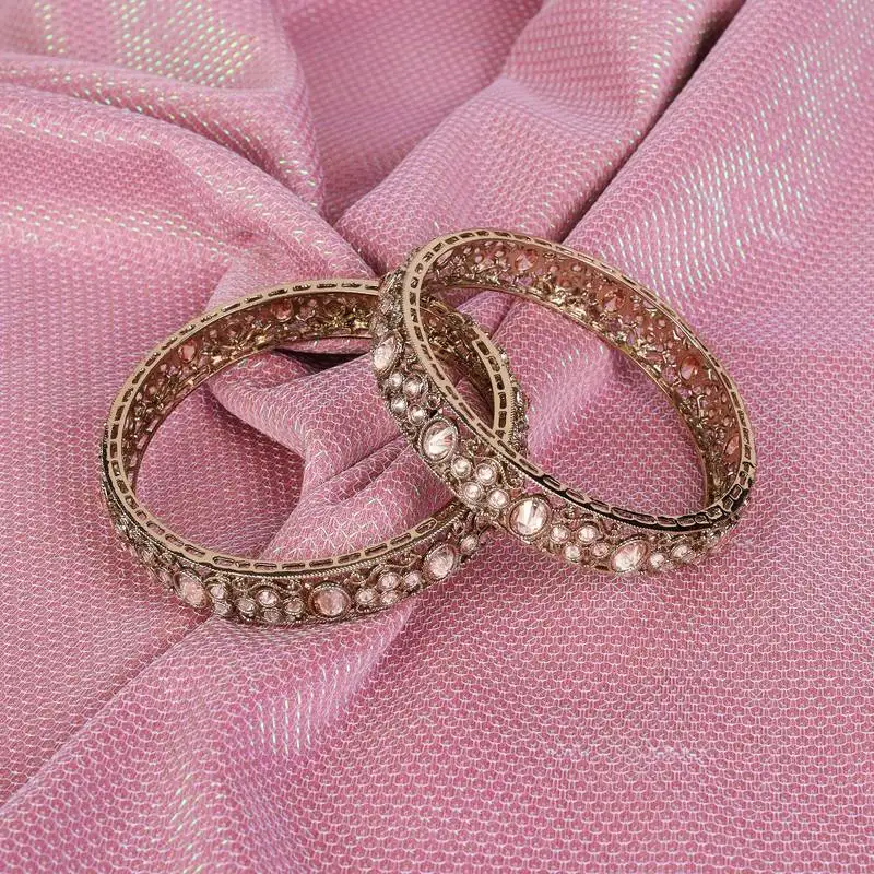 Lavish round shape crystal stone antique gold plated set of 2 bangles for women and girls