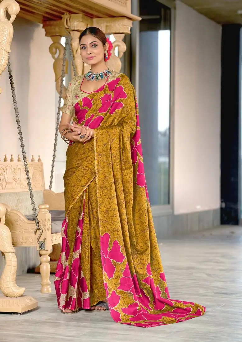Mustard soft cotton block print saree with unstitched blouse piece