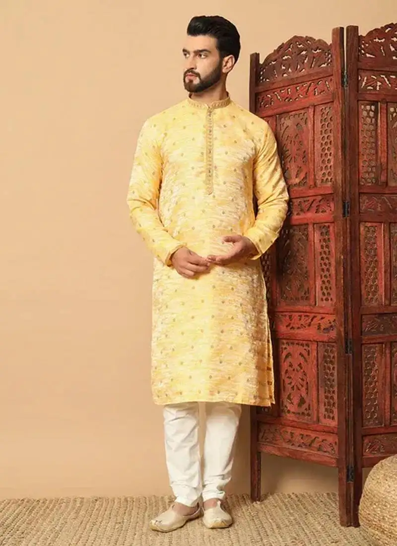 Yellow embroidered jaquard full sleeve kurta pajama for men