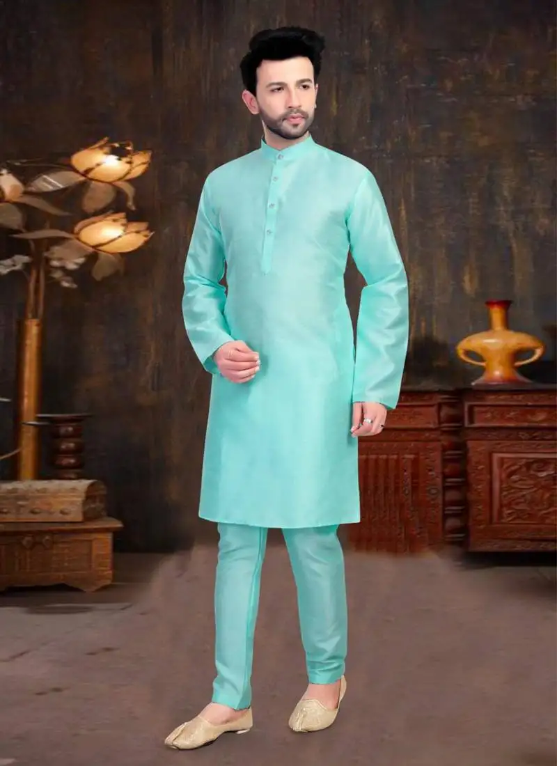 Sky blue plain chanderi silk full sleeve kurta pajama for men