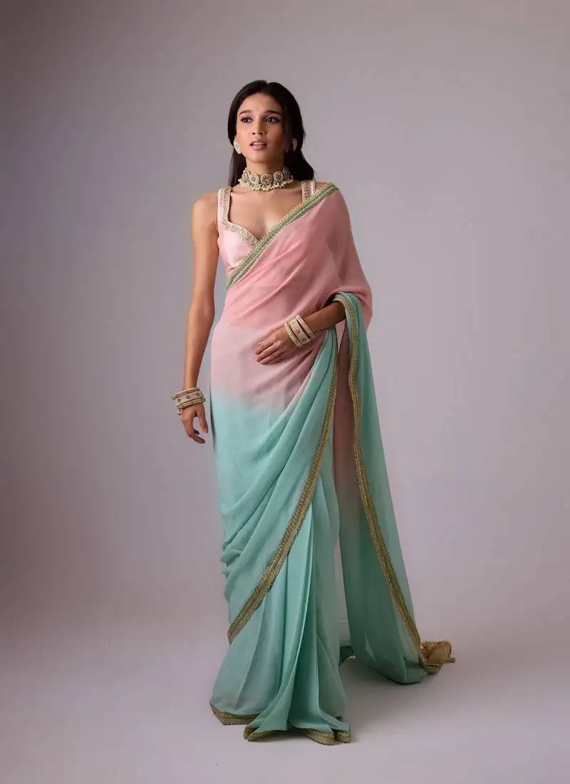 Pink and blue plain silk saree with ombre pallu and gota lace border