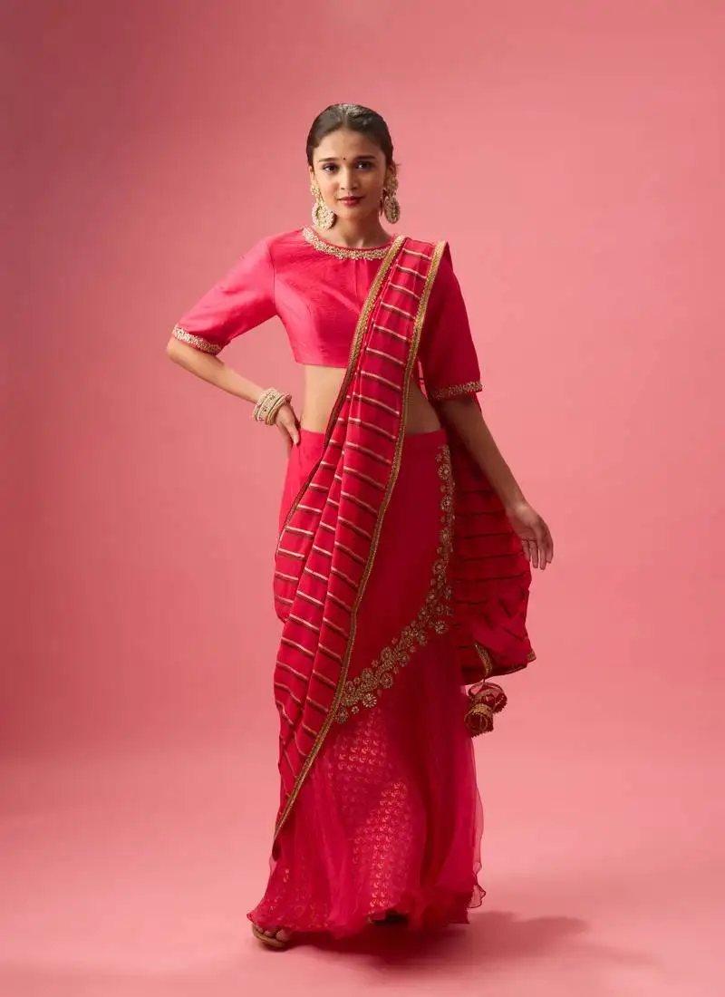 Pink organza plain lehenga with embroidered blouse