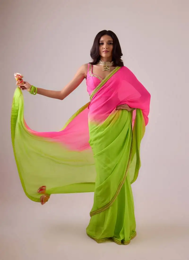 Pink and green plain silk saree with ombre pallu and gota lace border