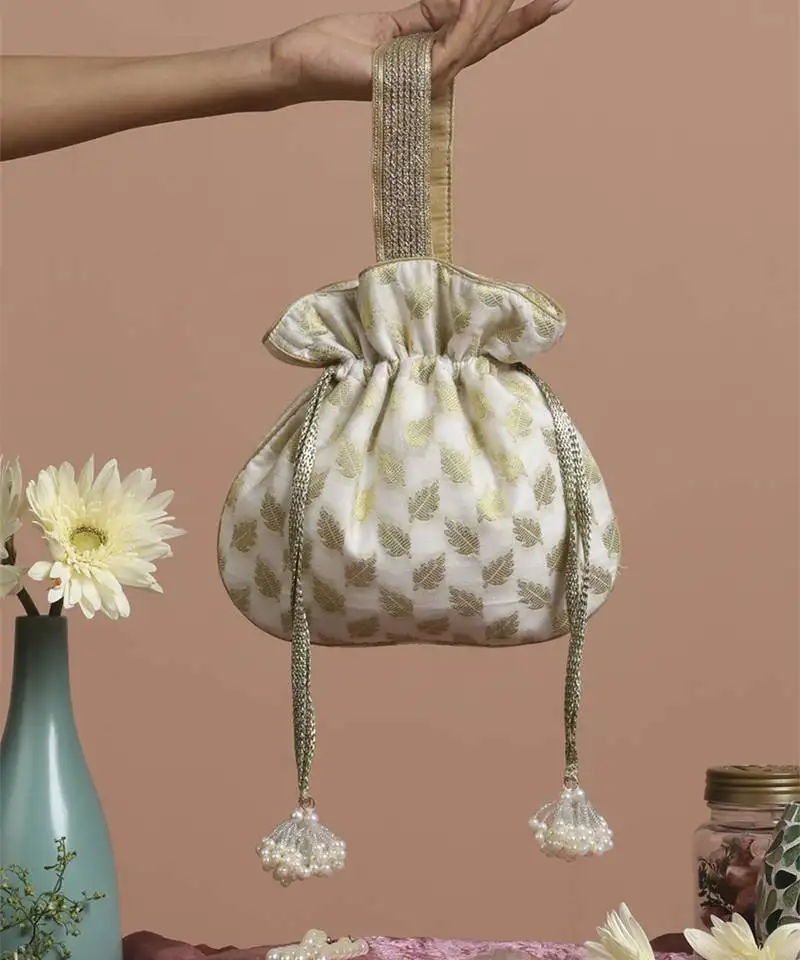 Gold and white chanderi potli bag