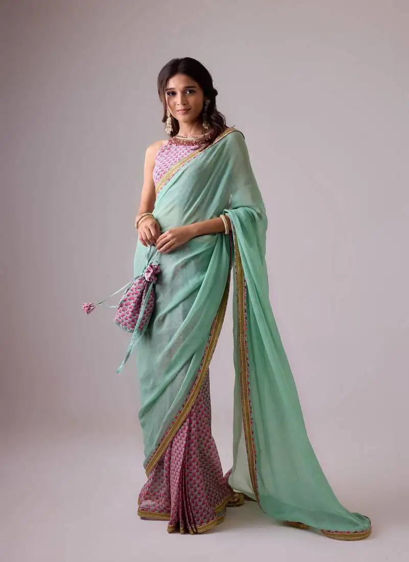 Blue plain georgette saree with coral gajjari printed pleats and embroidered blouse