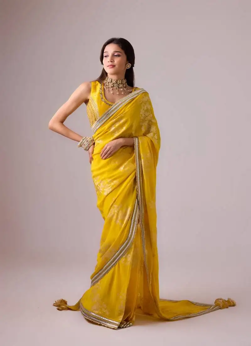 Yellow silk blend foil printed saree with gota work