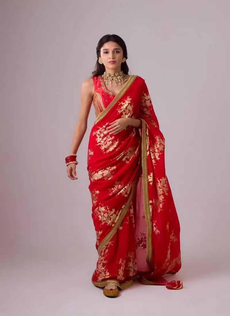 Red floral printed silk blend saree with embroidered blouse