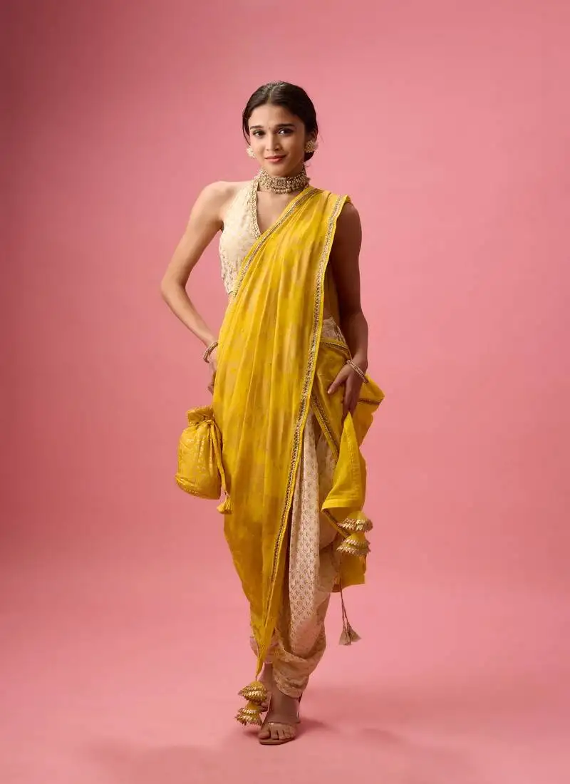 Yellow printed dhoti and saree