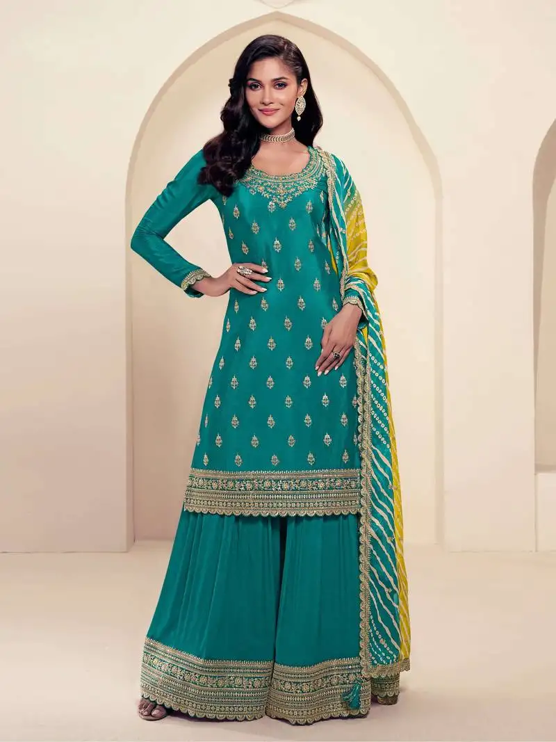 Sky blue embroidered chinon semi-palazzo style salwar suit semi stitched